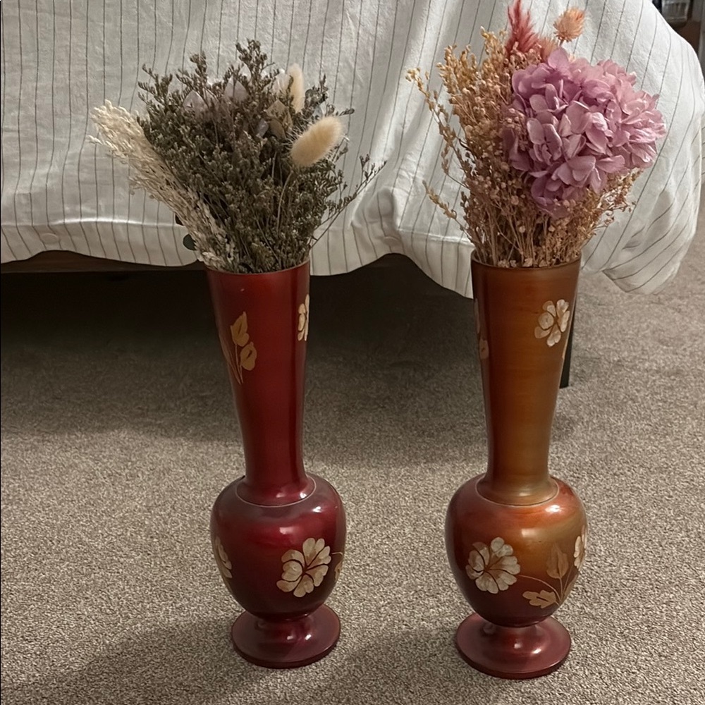 Vintage Wooden Floral Vases - Red and Orange
